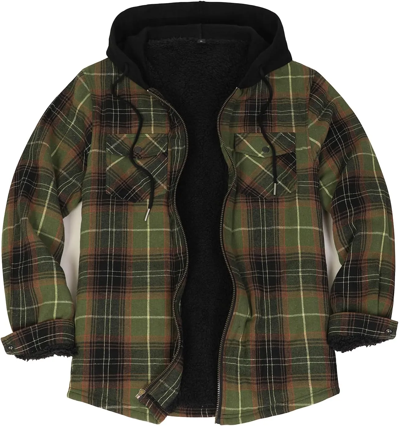 Lisskolo Men's Sherpa Flannel Jacket with Hood Plaid Zip Up Fleece Lined Hooded Shirt Jackets for Men