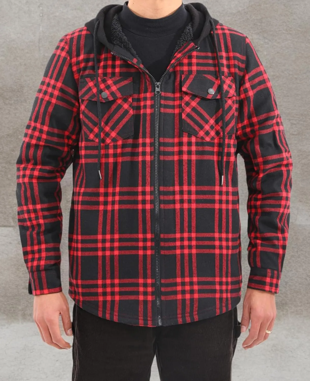 Lisskolo Men's Sherpa Flannel Jacket with Hood Plaid Zip Up Fleece Lined Hooded Shirt Jackets for Men
