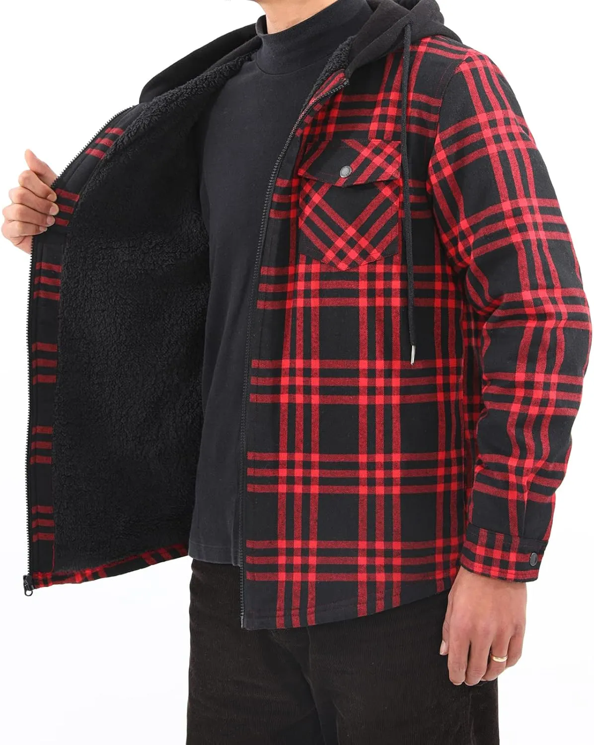 Lisskolo Men's Sherpa Flannel Jacket with Hood Plaid Zip Up Fleece Lined Hooded Shirt Jackets for Men