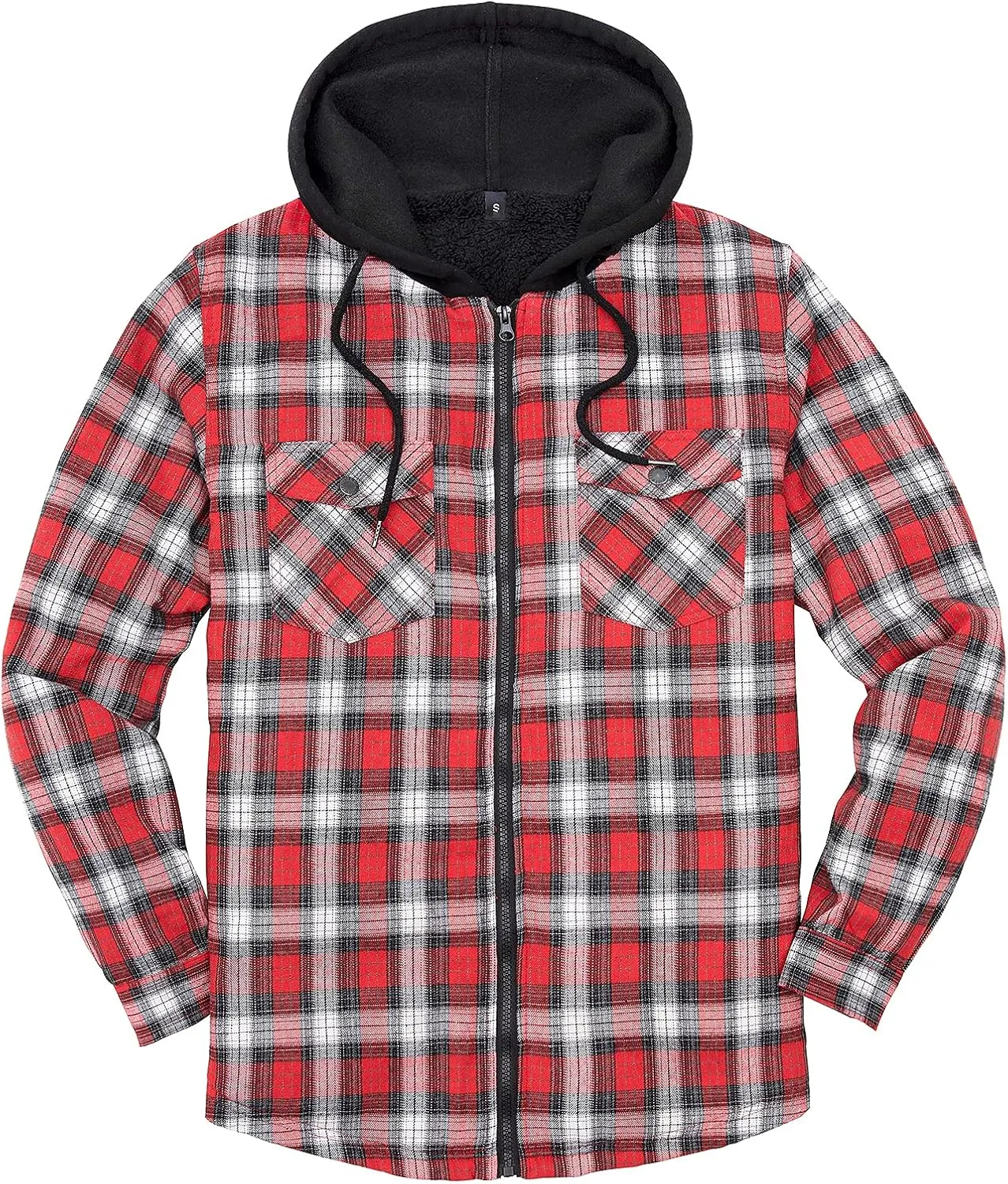 Lisskolo Men's Sherpa Flannel Jacket with Hood Plaid Zip Up Fleece Lined Hooded Shirt Jackets for Men