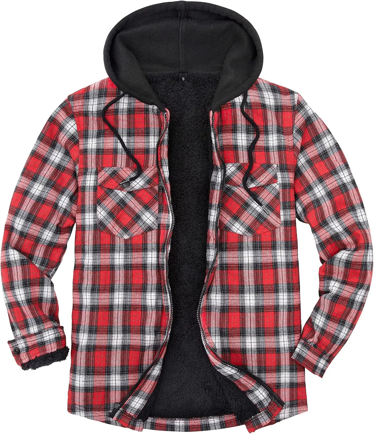 Lisskolo Men's Sherpa Flannel Jacket with Hood Plaid Zip Up Fleece Lined Hooded Shirt Jackets for Men