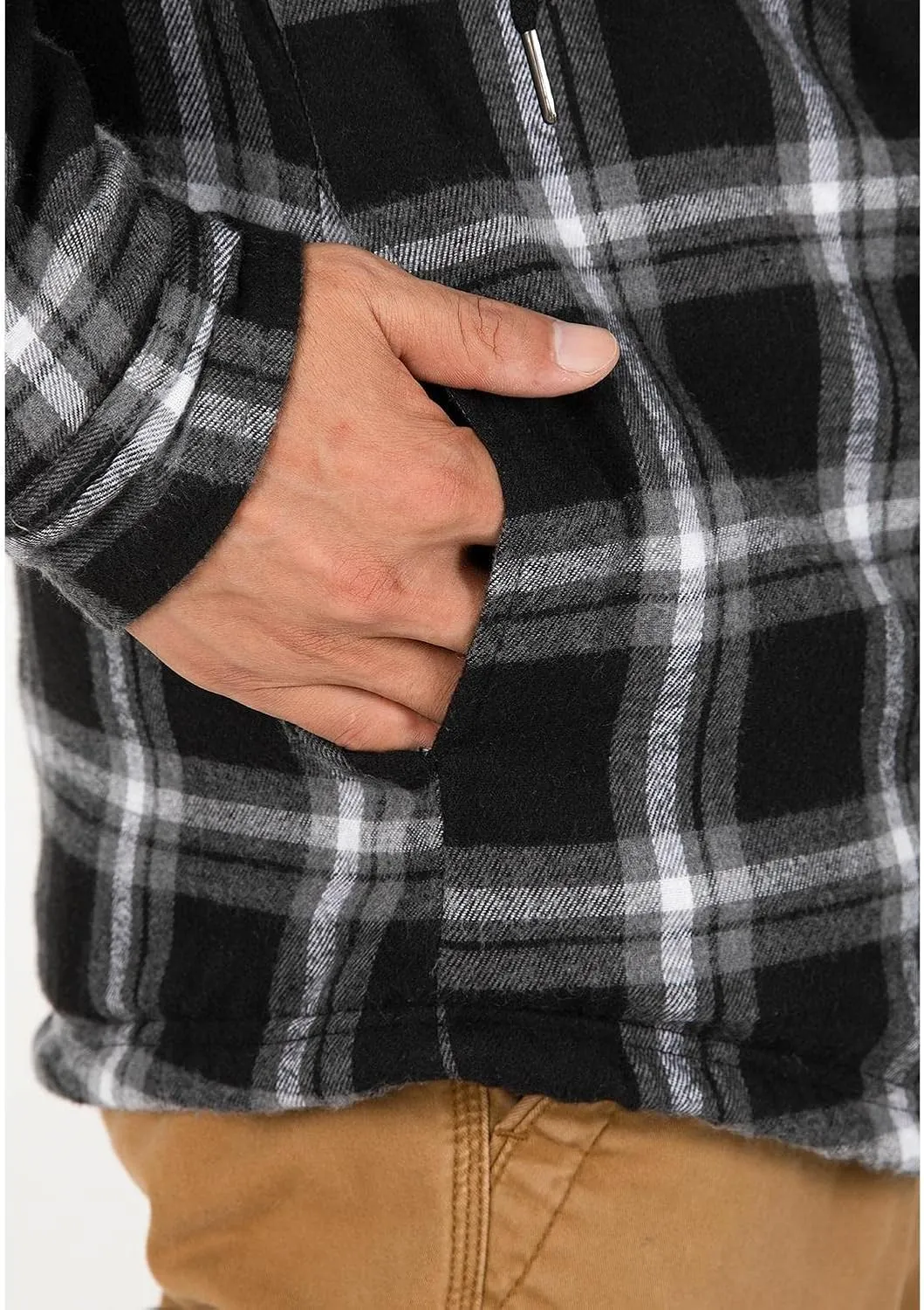 Lisskolo Men's Sherpa Flannel Jacket with Hood Plaid Zip Up Fleece Lined Hooded Shirt Jackets for Men