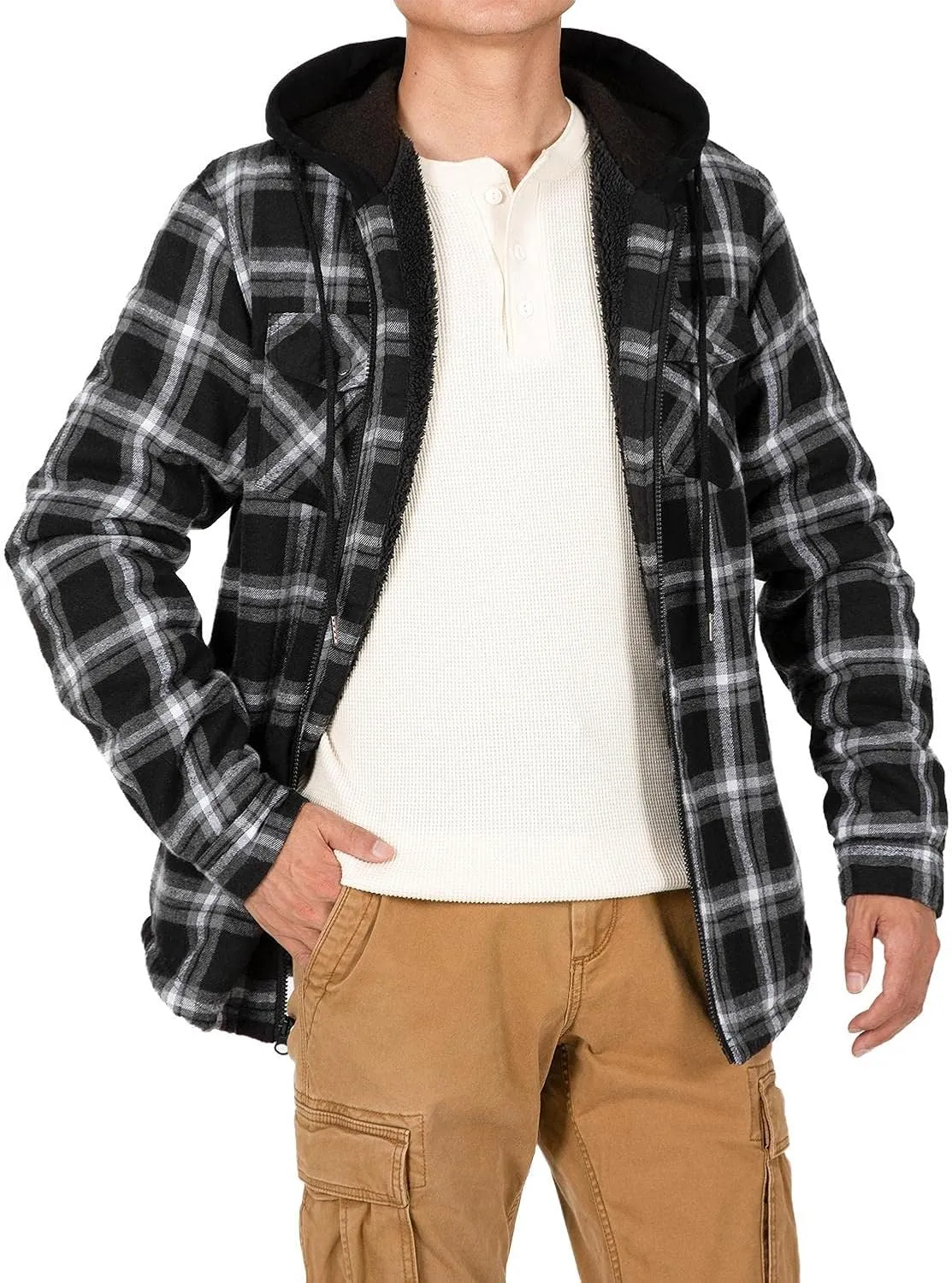 Lisskolo Men's Sherpa Flannel Jacket with Hood Plaid Zip Up Fleece Lined Hooded Shirt Jackets for Men