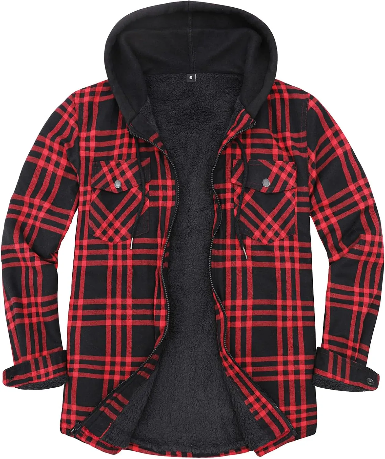 Lisskolo Men's Sherpa Flannel Jacket with Hood Plaid Zip Up Fleece Lined Hooded Shirt Jackets for Men