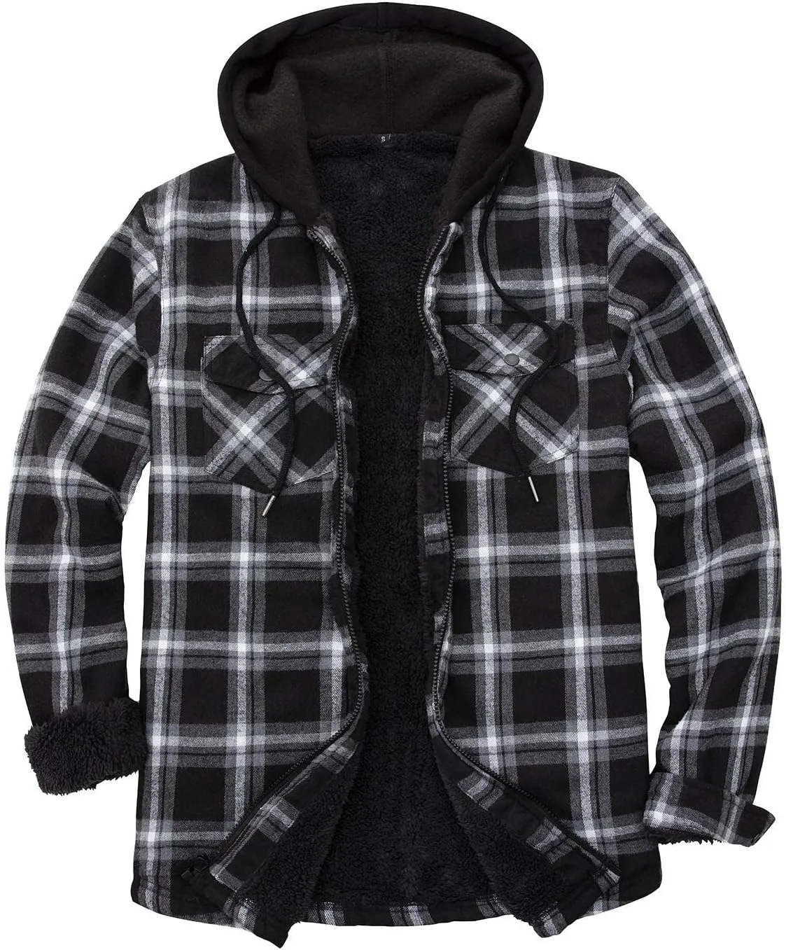 Lisskolo Men's Sherpa Flannel Jacket with Hood Plaid Zip Up Fleece Lined Hooded Shirt Jackets for Men