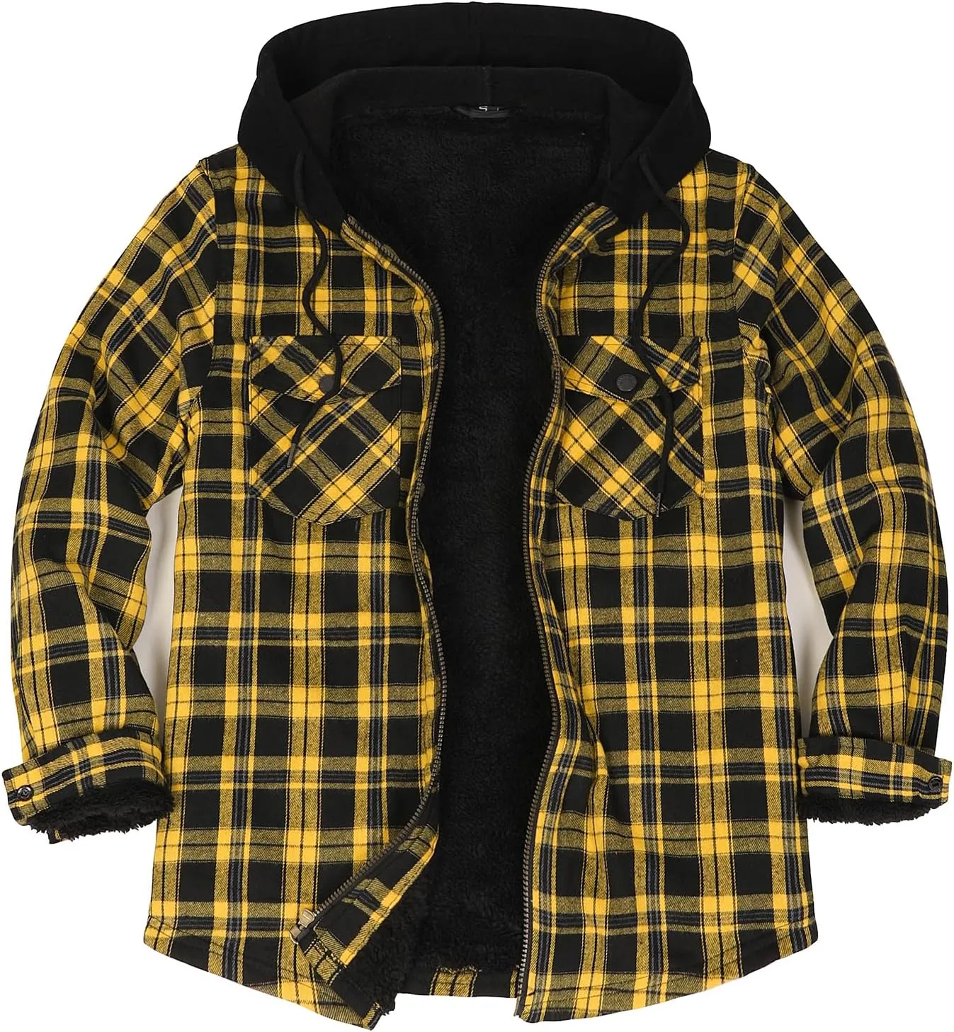 Lisskolo Men's Sherpa Flannel Jacket with Hood Plaid Zip Up Fleece Lined Hooded Shirt Jackets for Men