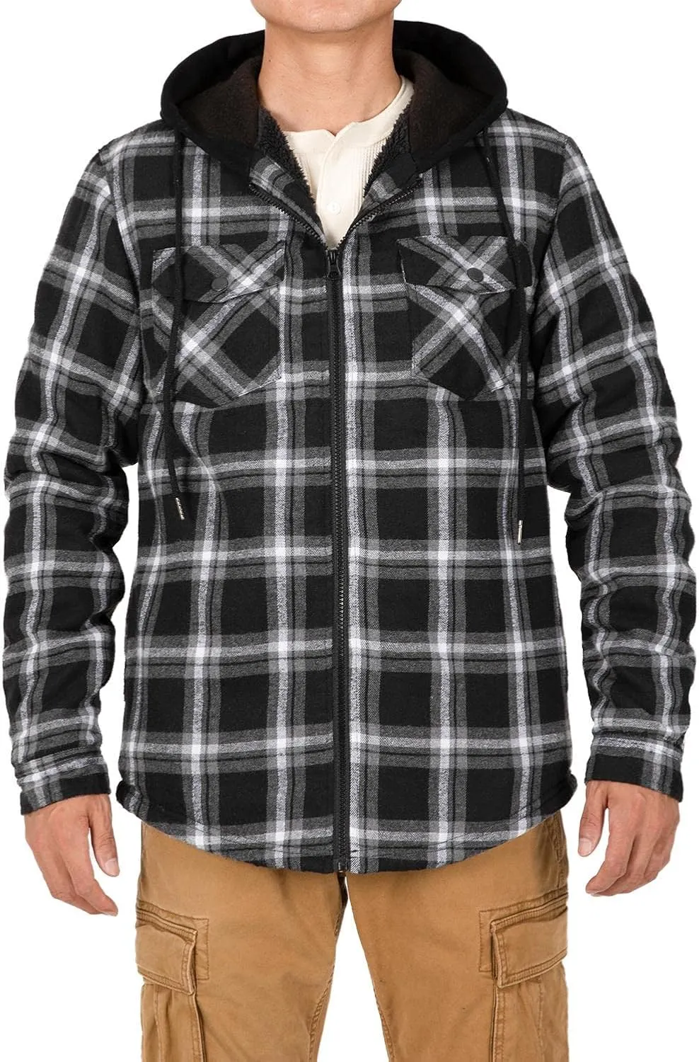 Lisskolo Men's Sherpa Flannel Jacket with Hood Plaid Zip Up Fleece Lined Hooded Shirt Jackets for Men