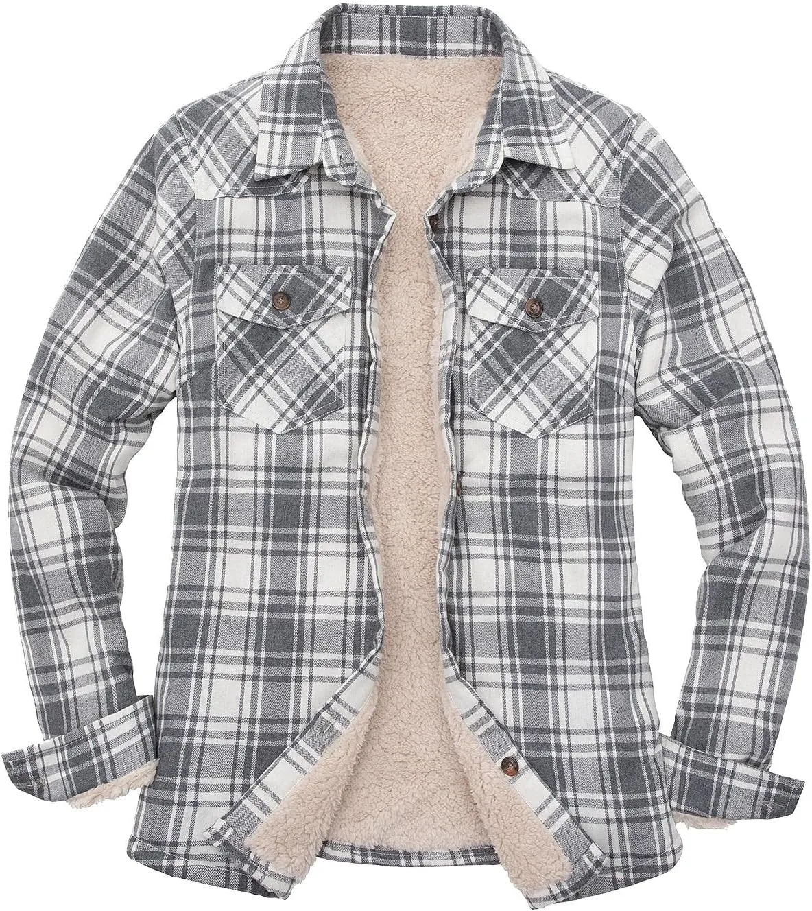 Lisskolo Women's Sherpa Flannel Jacket with Hand Pockets,Warm Fleece Lined Button Up Plaid Flannel Shirt Jackets
