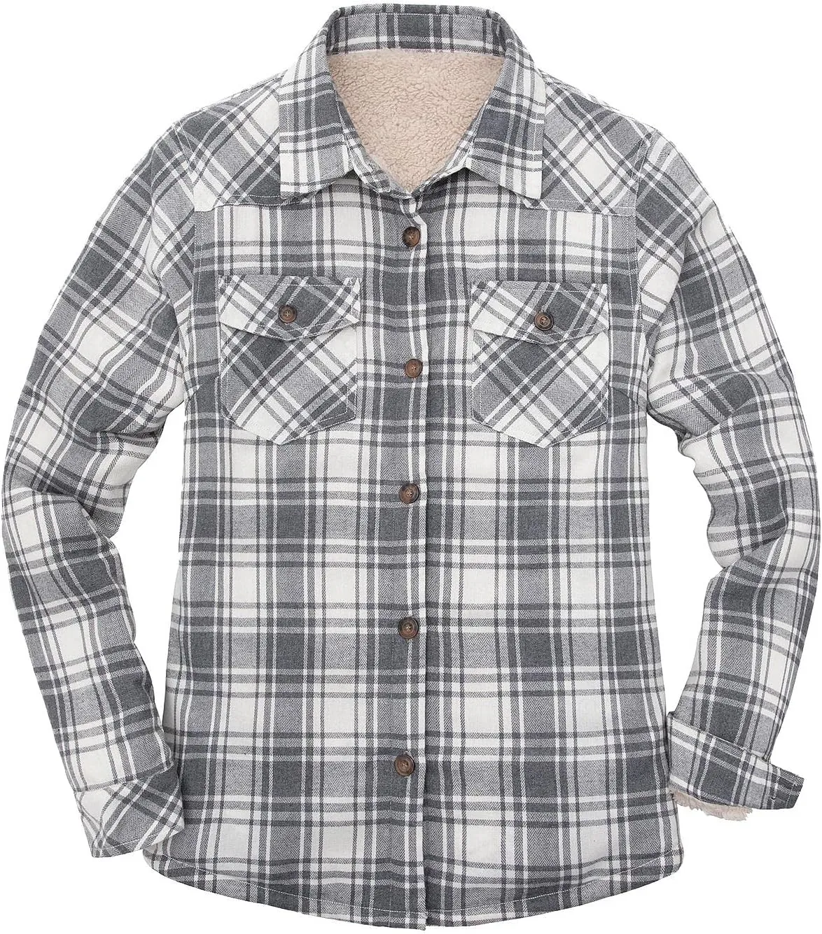 Lisskolo Women's Sherpa Flannel Jacket with Hand Pockets,Warm Fleece Lined Button Up Plaid Flannel Shirt Jackets