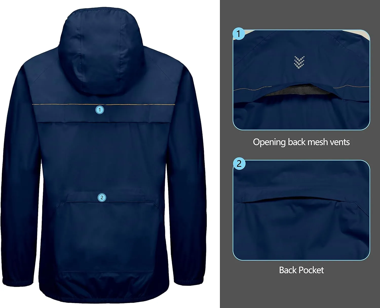 Little Donkey Andy Men's Cycling Stretch Rain Jacket with Hood, Windproof and Waterproof, Ultralight Windbreaker,Packable