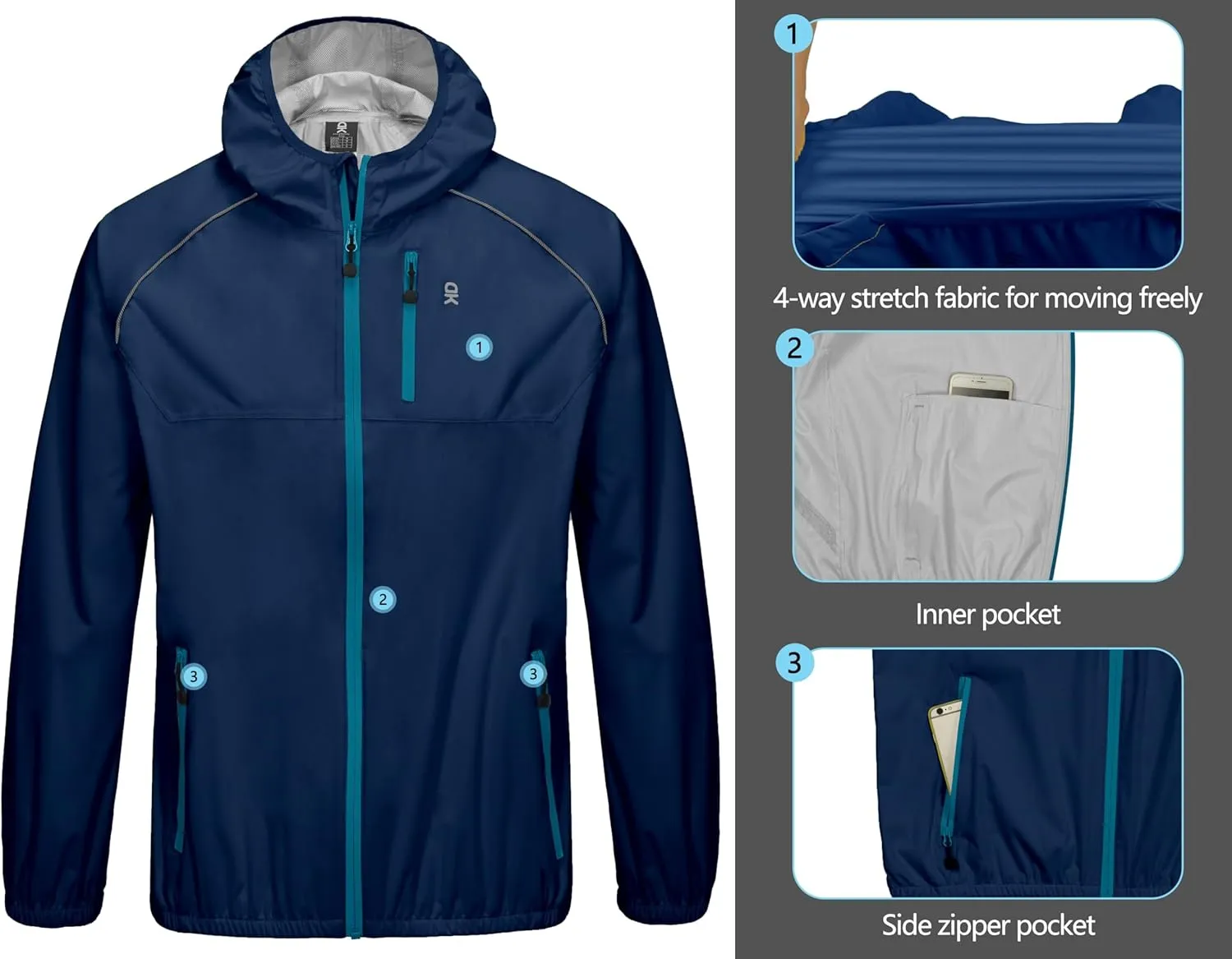 Little Donkey Andy Men's Cycling Stretch Rain Jacket with Hood, Windproof and Waterproof, Ultralight Windbreaker,Packable