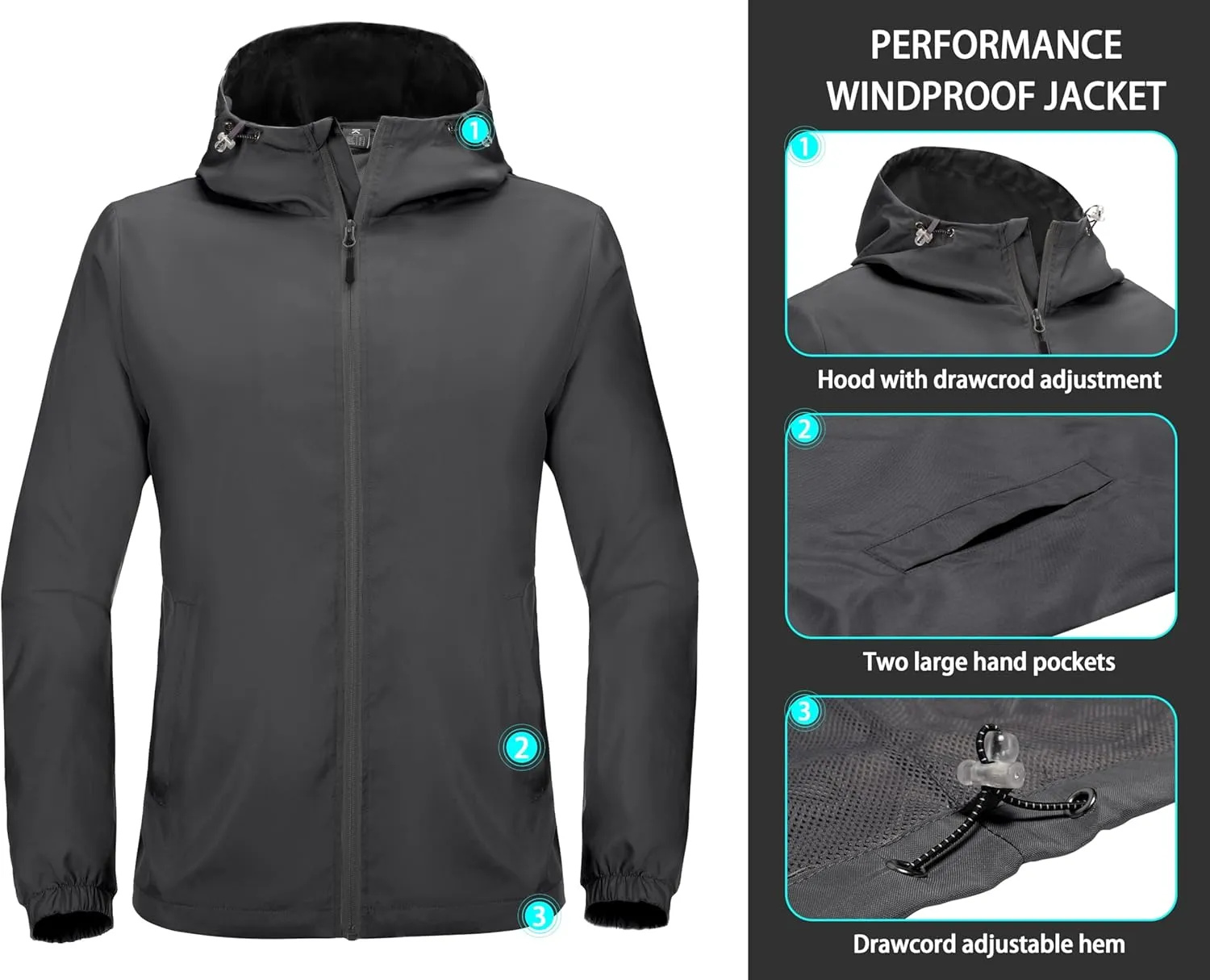 Little Donkey Andy Mens Lightweight Breathable Windbreaker Golf Jacket UPF50  Windproof Outdoor Running Coat