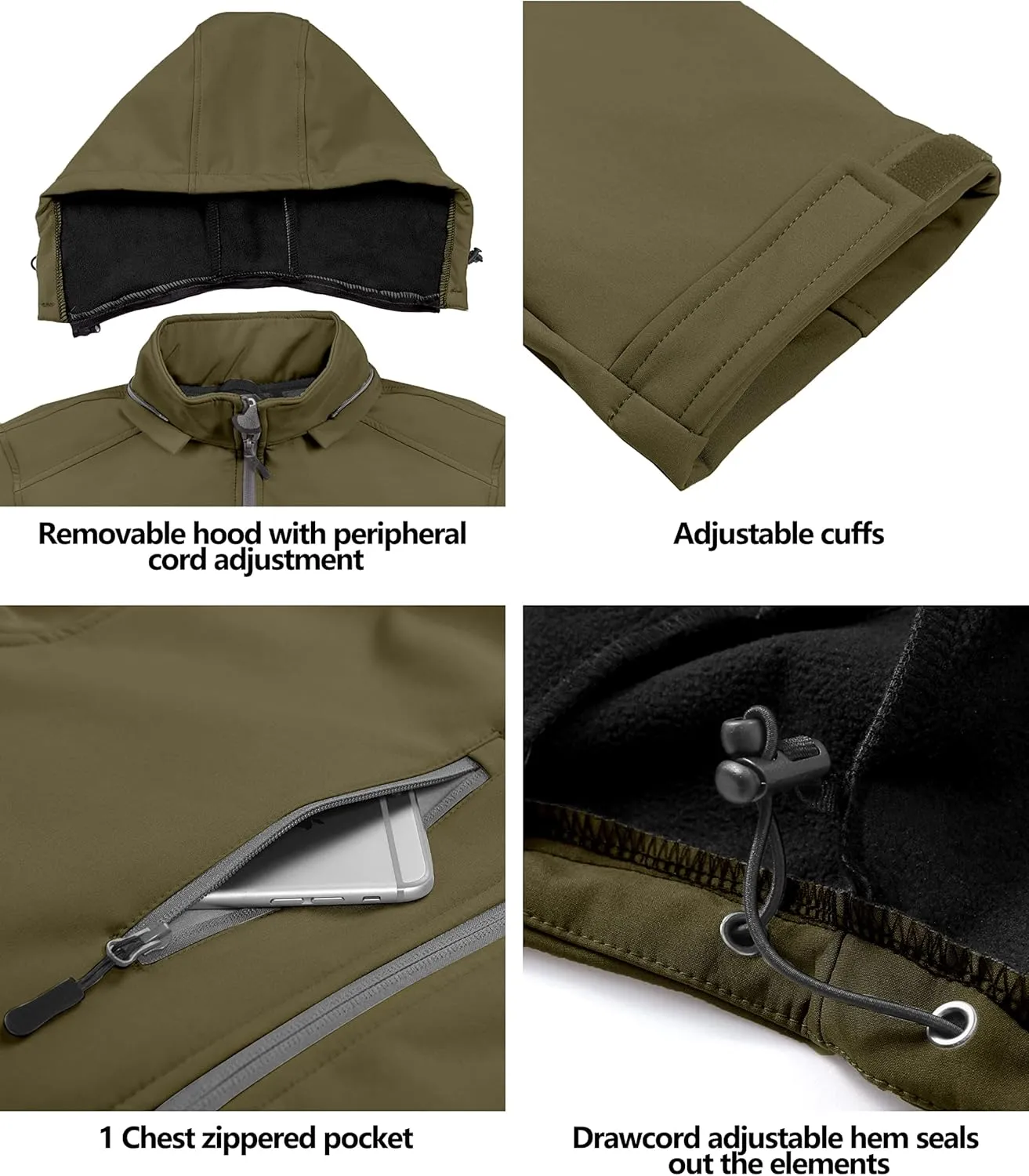 Little Donkey Andy Mens Softshell Jacket with Removable Hood, Fleece Lined
