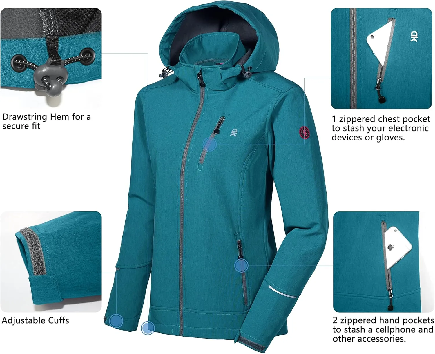 Little Donkey Andy Women's Softshell Jacket Ski Jacket with Removable Hood, Fleece Lined