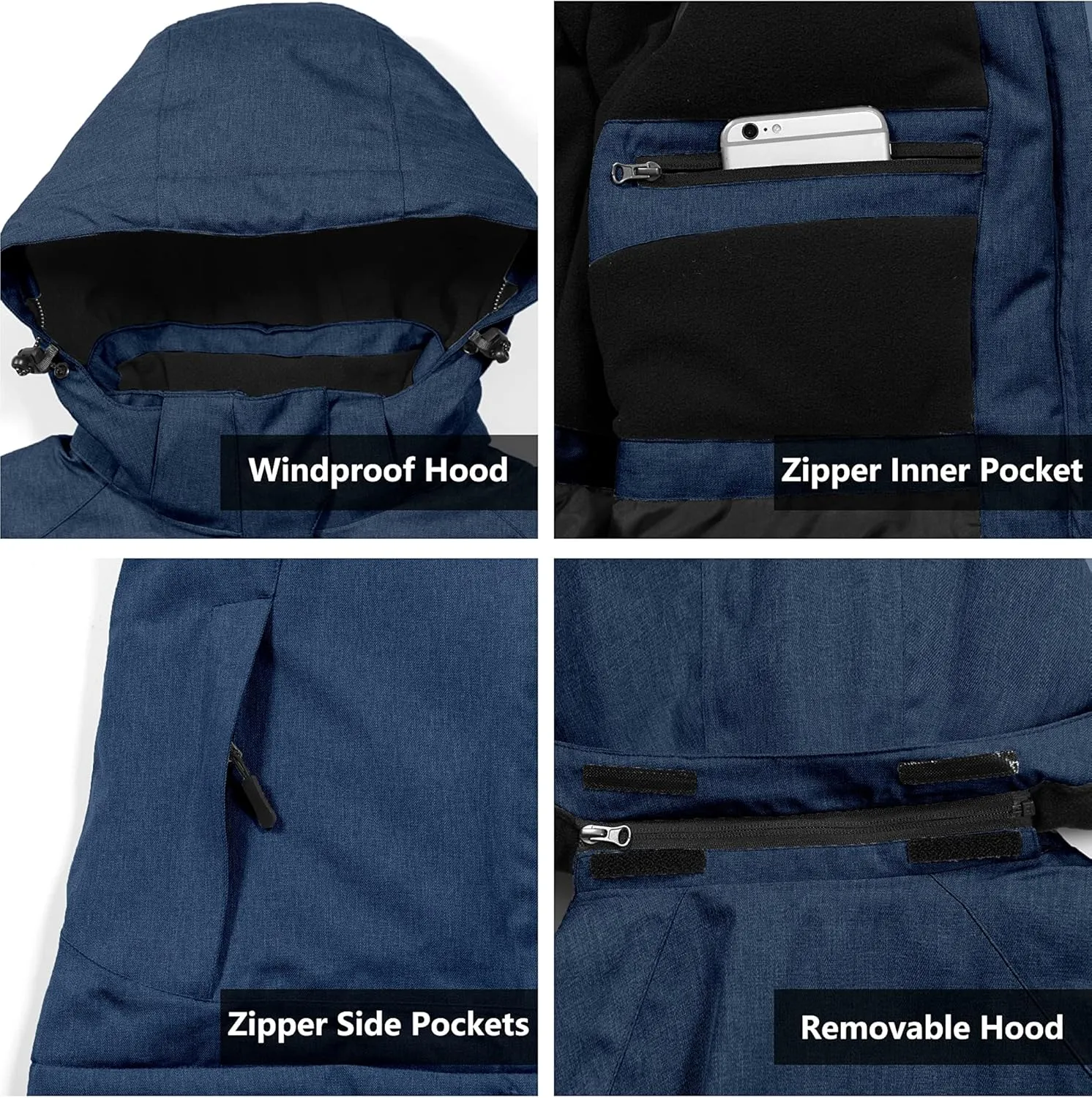 Little Donkey Andy Women's Waterproof Hiking Skiing Jacket with Removable Hood, Fleece Lined Winter Warm Rain Coat