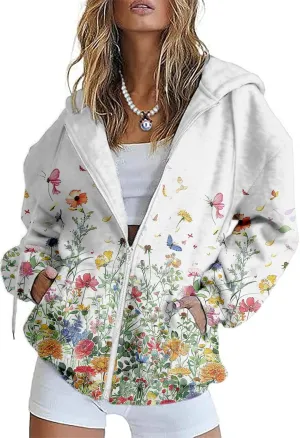 LOAIHA Womens Zip Up Hoodies Floral Print Jackets Long Sleeve Graphic Oversized Sweatshirts Girls Y2K Jacket with Pockets