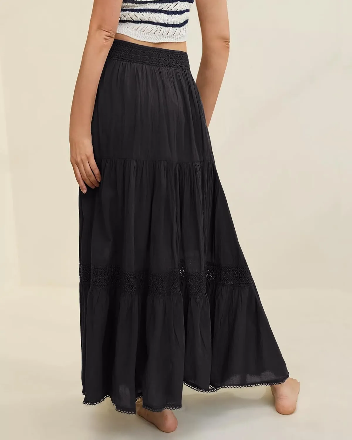 Locachy Women's Boho Tiered Elastic Waist A-Line Maxi Skirts Casual Lace Flowy Pleated Midi Dress