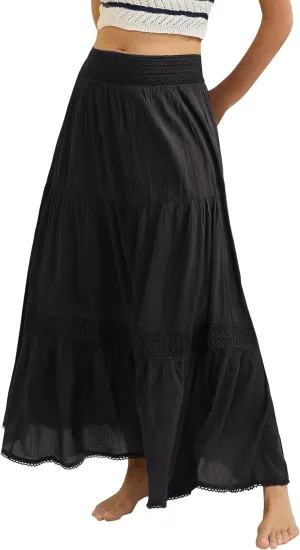 Locachy Women's Boho Tiered Elastic Waist A-Line Maxi Skirts Casual Lace Flowy Pleated Midi Dress