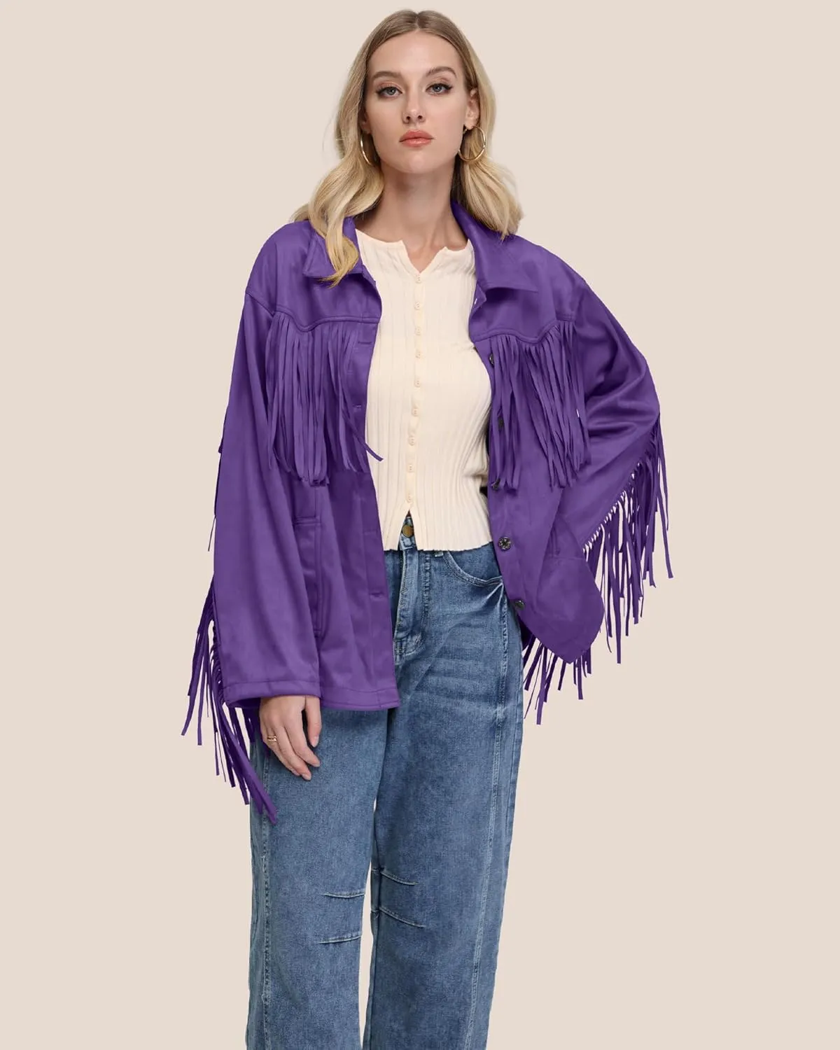 Locachy Women's Faux Suede Fringe Jacket Vintage Western Cowgirl Tassel Jackets Country Concert Outfits