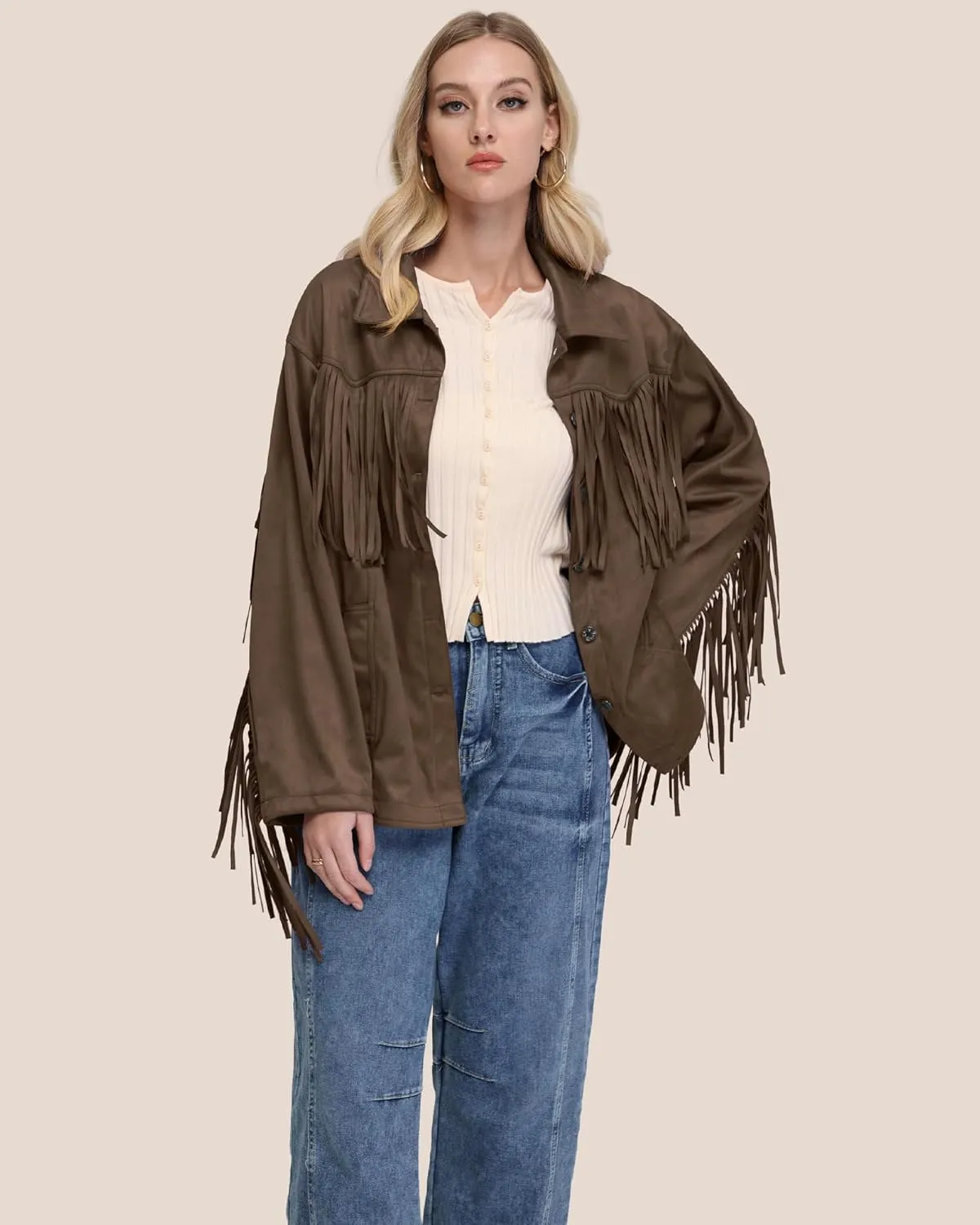 Locachy Women's Faux Suede Fringe Jacket Vintage Western Cowgirl Tassel Jackets Country Concert Outfits