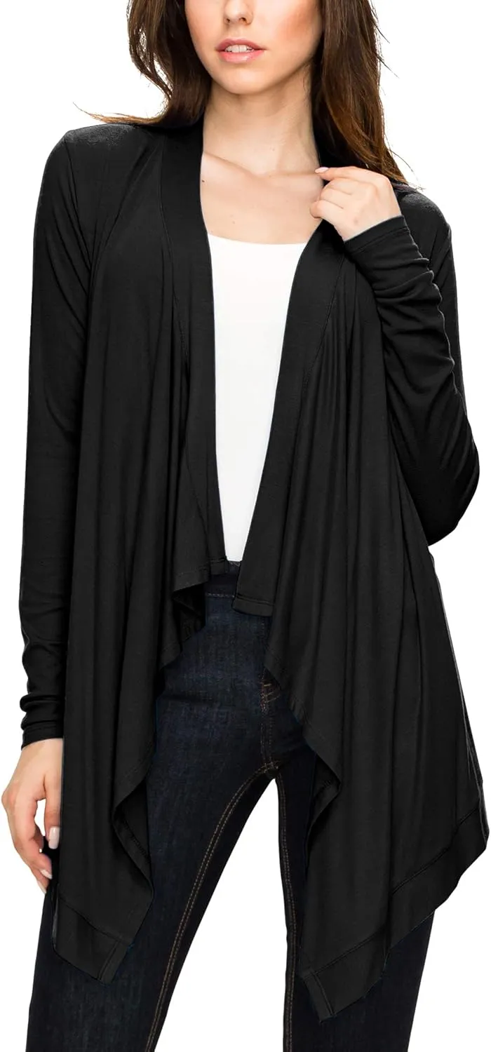 Lock and Love Women's Draped Front Open Asymmetrical Cardigan - Casual Long Sleeve Lightweight Duster