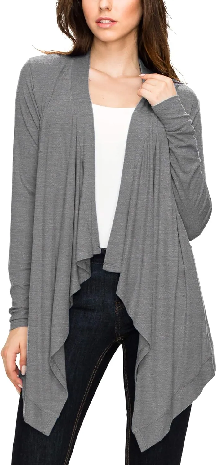 Lock and Love Women's Draped Front Open Asymmetrical Cardigan - Casual Long Sleeve Lightweight Duster