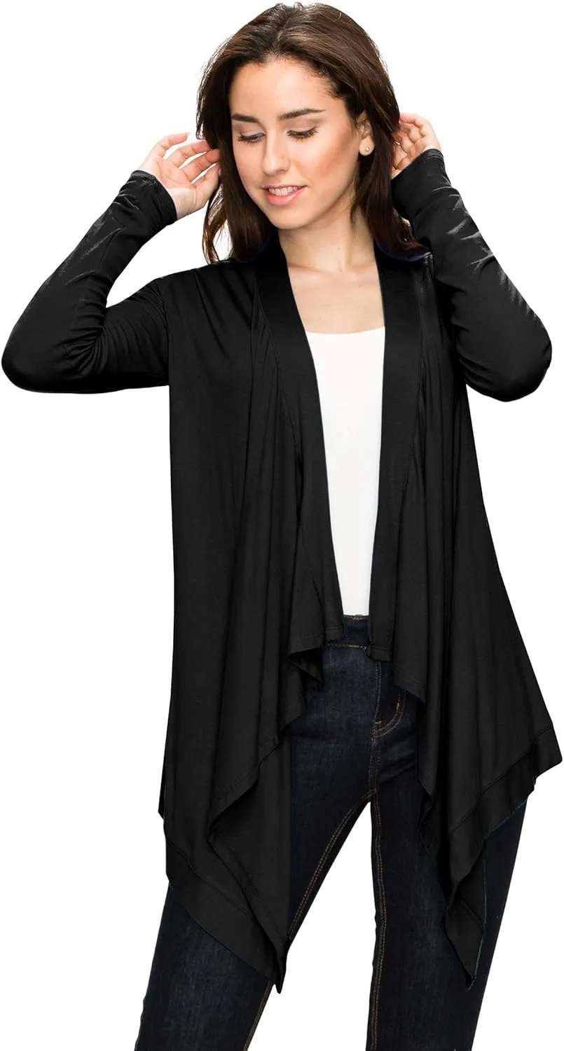 Lock and Love Women's Draped Front Open Asymmetrical Cardigan - Casual Long Sleeve Lightweight Duster