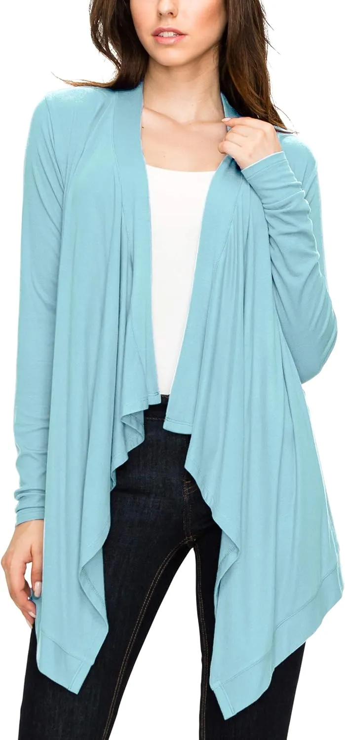 Lock and Love Women's Draped Front Open Asymmetrical Cardigan - Casual Long Sleeve Lightweight Duster