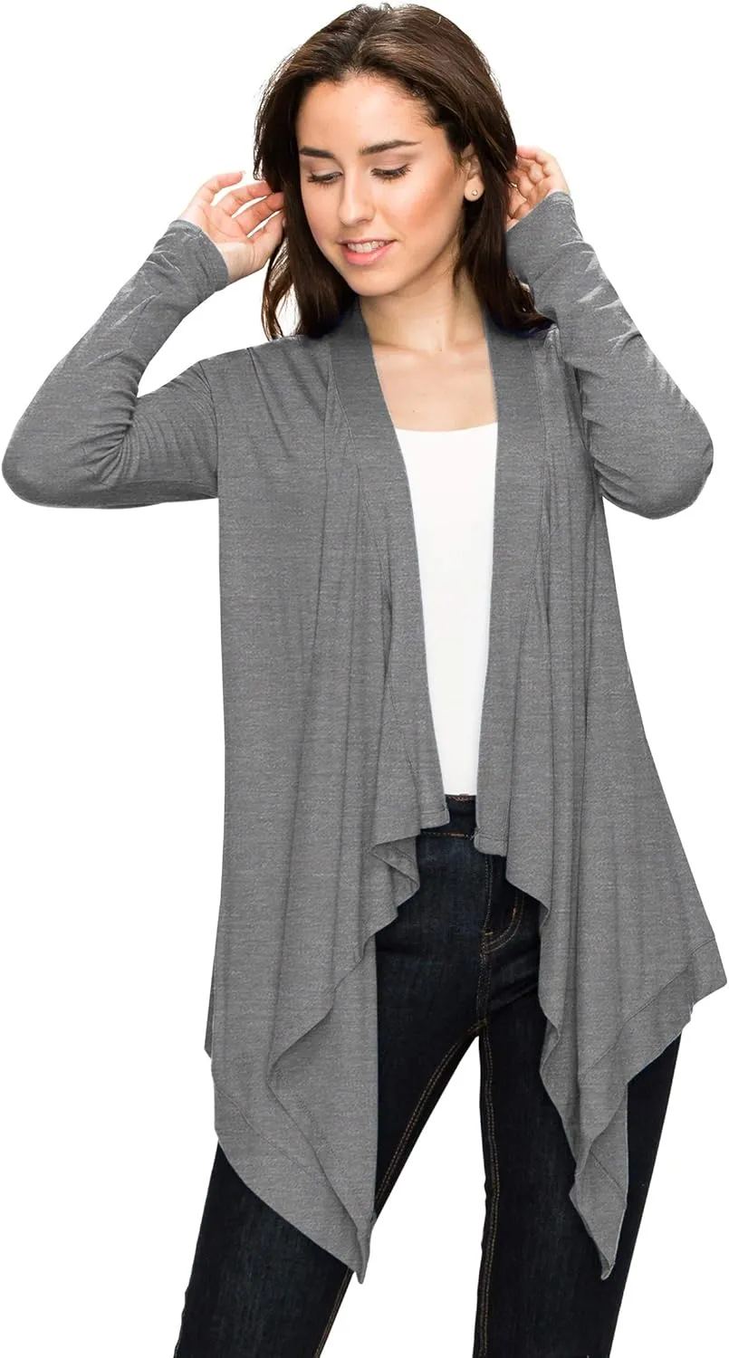 Lock and Love Women's Draped Front Open Asymmetrical Cardigan - Casual Long Sleeve Lightweight Duster