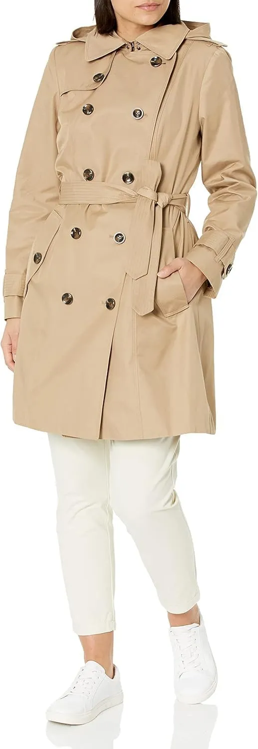 LONDON FOG Women's Stone Khaki Belted Hooded Trench Jacket Coat (US, Alpha, Medium, Regular, Regular, Stone)