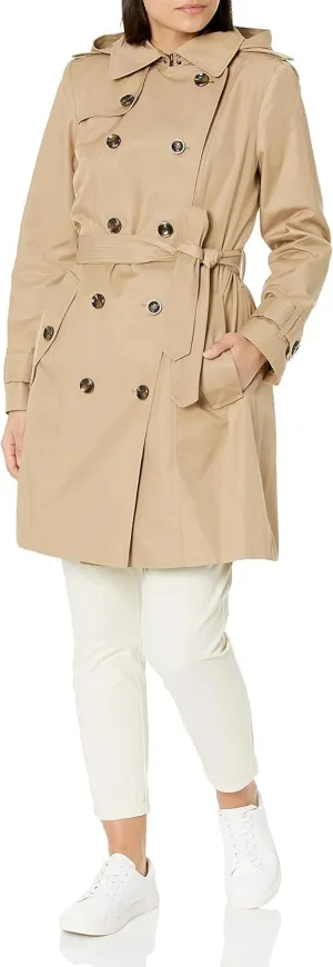 LONDON FOG Women's Stone Khaki Belted Hooded Trench Jacket Coat (US, Alpha, Medium, Regular, Regular, Stone)