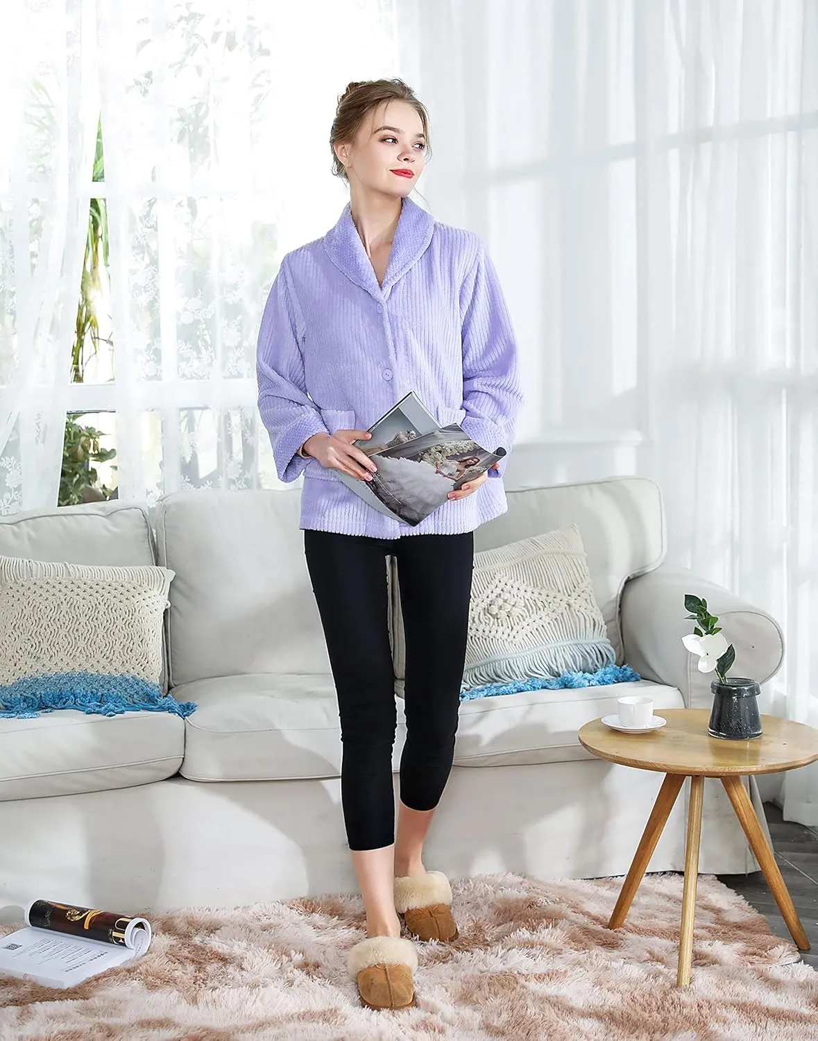 Loungees Women's Light Purple Drop Needle Coral Fleece Shawl Collar Button FrontBed Jacket