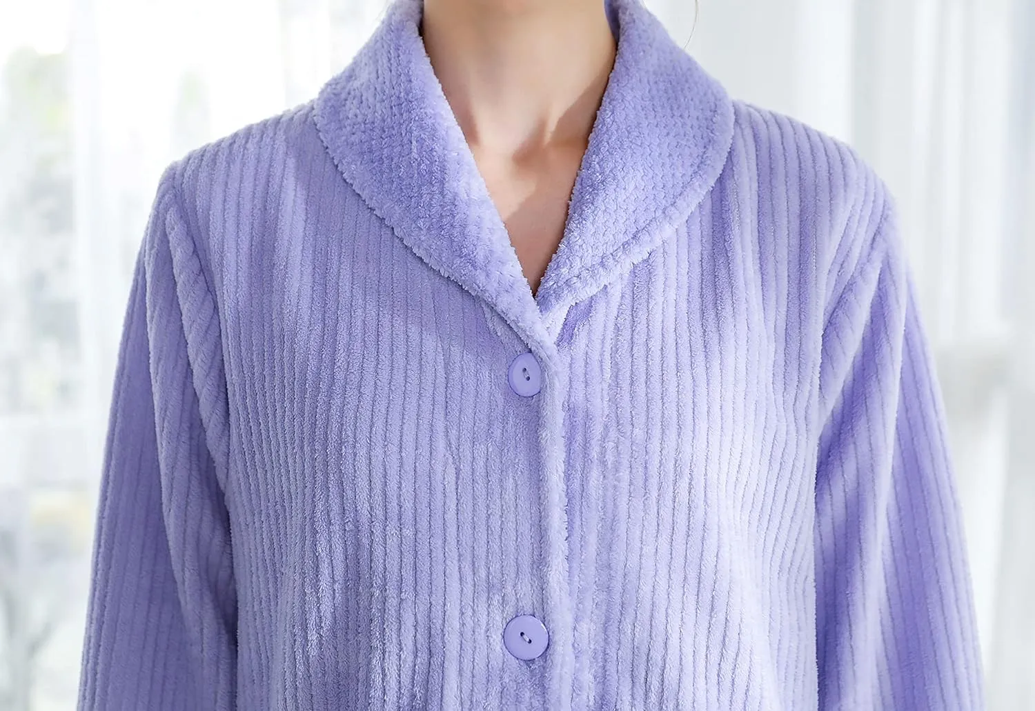 Loungees Women's Light Purple Drop Needle Coral Fleece Shawl Collar Button FrontBed Jacket