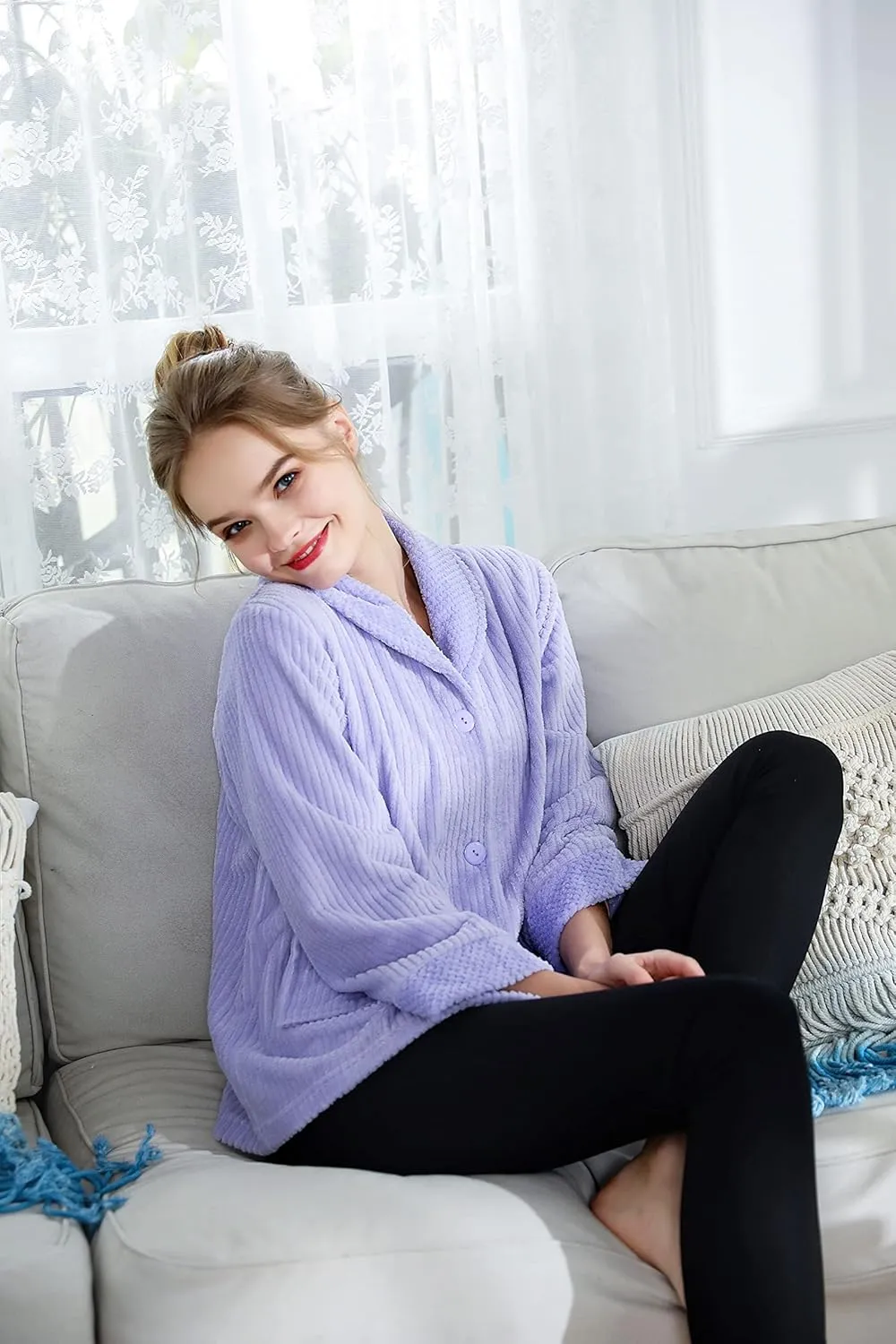 Loungees Women's Light Purple Drop Needle Coral Fleece Shawl Collar Button FrontBed Jacket