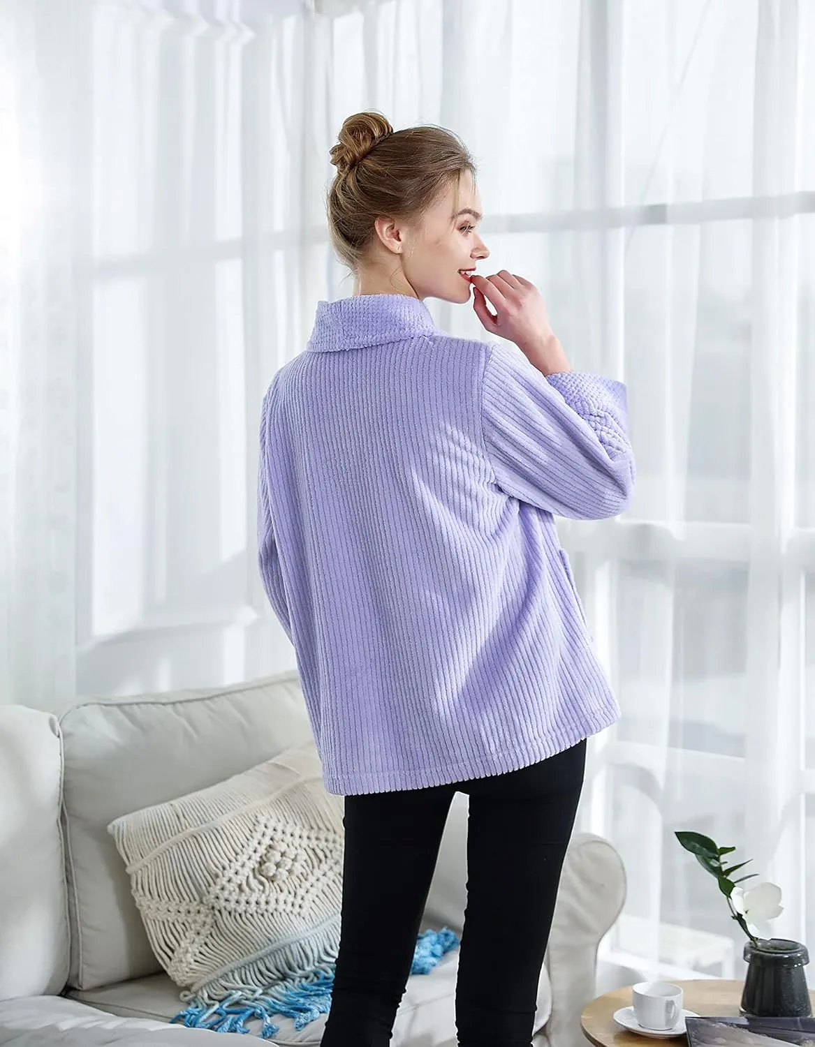 Loungees Women's Light Purple Drop Needle Coral Fleece Shawl Collar Button FrontBed Jacket