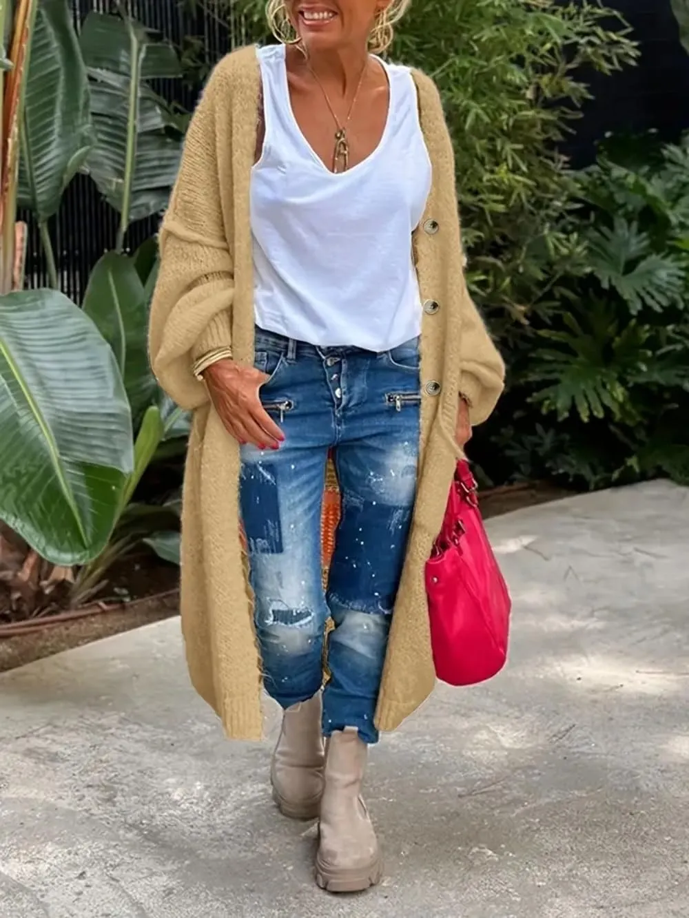 Love Peace Pattern Button Front Cardigan, Casual Long Lantern Sleeve Dual Pockets Drop Shoulder Longline Cardigan