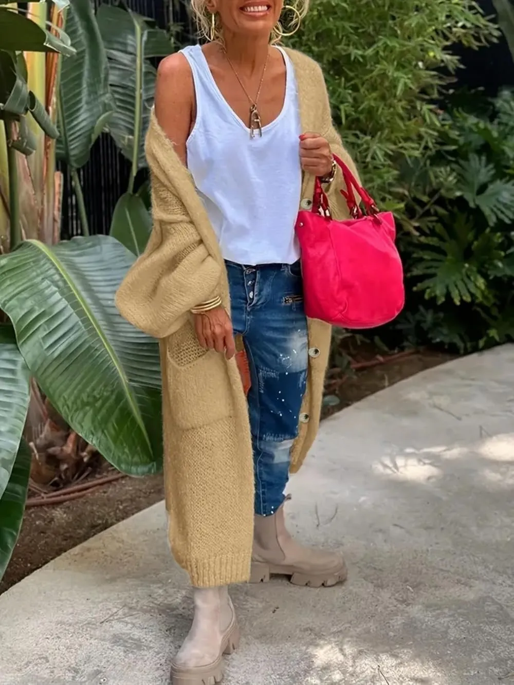 Love Peace Pattern Button Front Cardigan, Casual Long Lantern Sleeve Dual Pockets Drop Shoulder Longline Cardigan