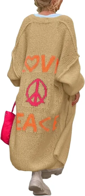 Love Peace Pattern Button Front Cardigan, Casual Long Lantern Sleeve Dual Pockets Drop Shoulder Longline Cardigan