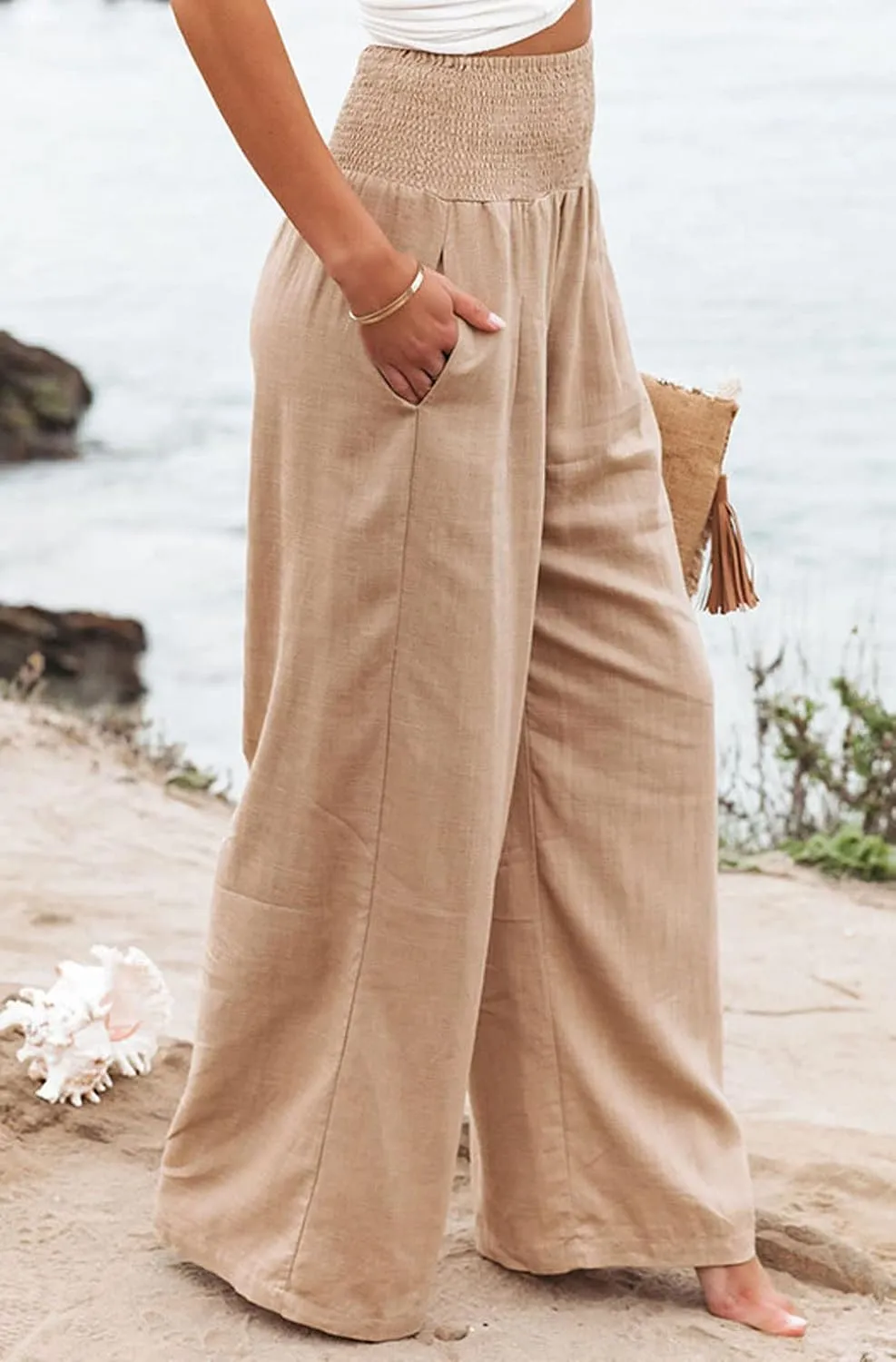 loveimgs Women's Boho Cotton Linen Wide Leg Lounge Pants Elastic Waist Beach Palazzo with Pocket