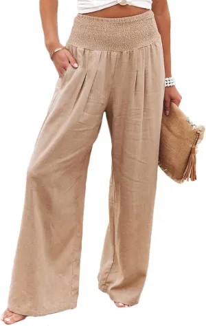 loveimgs Women's Boho Cotton Linen Wide Leg Lounge Pants Elastic Waist Beach Palazzo with Pocket