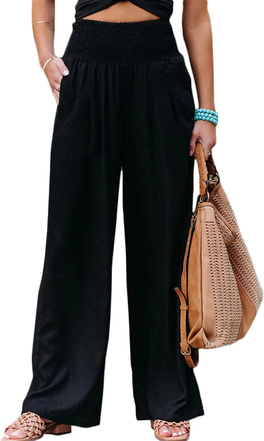 loveimgs Women's Boho Cotton Linen Wide Leg Lounge Pants Elastic Waist Beach Palazzo with Pocket