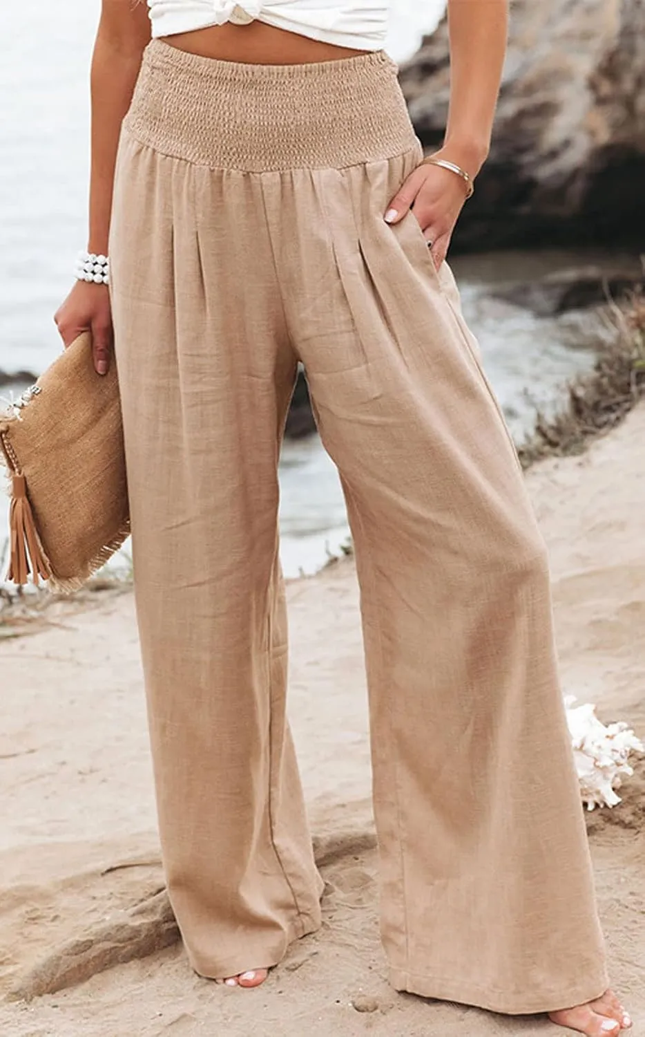 loveimgs Women's Boho Cotton Linen Wide Leg Lounge Pants Elastic Waist Beach Palazzo with Pocket