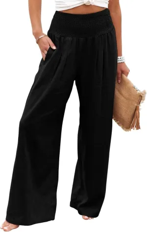 loveimgs Women's Boho Cotton Linen Wide Leg Lounge Pants Elastic Waist Beach Palazzo with Pocket