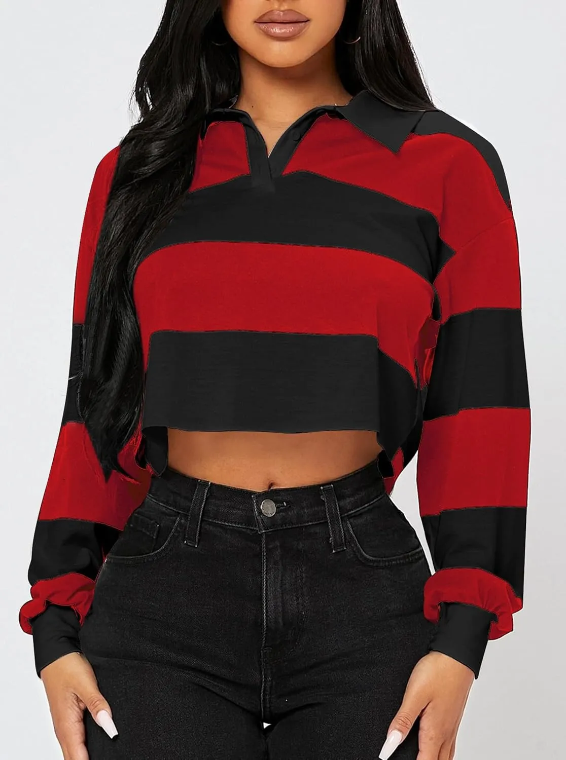 LovelyWholesale Women Striped Cropped Sweatshirts Polo Collar Tops