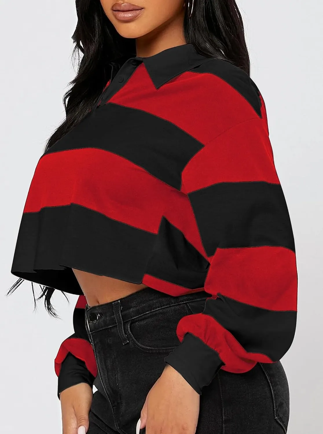 LovelyWholesale Women Striped Cropped Sweatshirts Polo Collar Tops