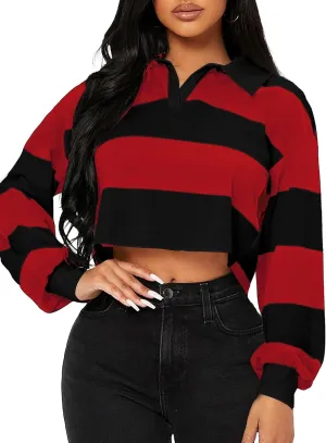 LovelyWholesale Women Striped Cropped Sweatshirts Polo Collar Tops
