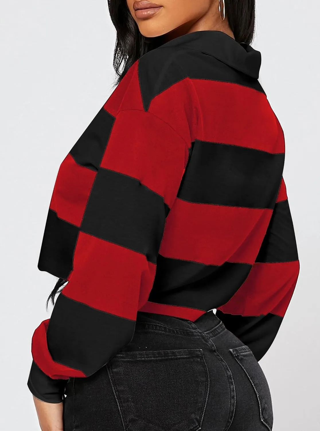 LovelyWholesale Women Striped Cropped Sweatshirts Polo Collar Tops