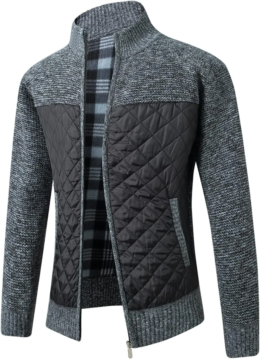 Lu's Chic Men's Long Sleeve Cardigan Sweater Thermal Slim Fit Full Zip Quilted Jacket Business Casual Knit Coats Pocket