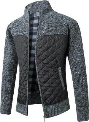 Lu's Chic Men's Long Sleeve Cardigan Sweater Thermal Slim Fit Full Zip Quilted Jacket Business Casual Knit Coats Pocket