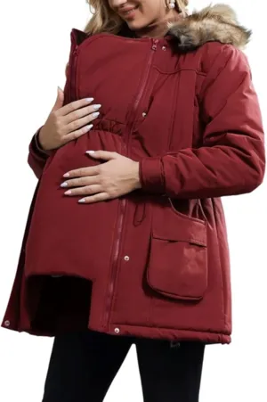 Maacie Womens Maternity 3 in 1 Thickened Outwear Fleece Lined Coat Winter Warm Hooded